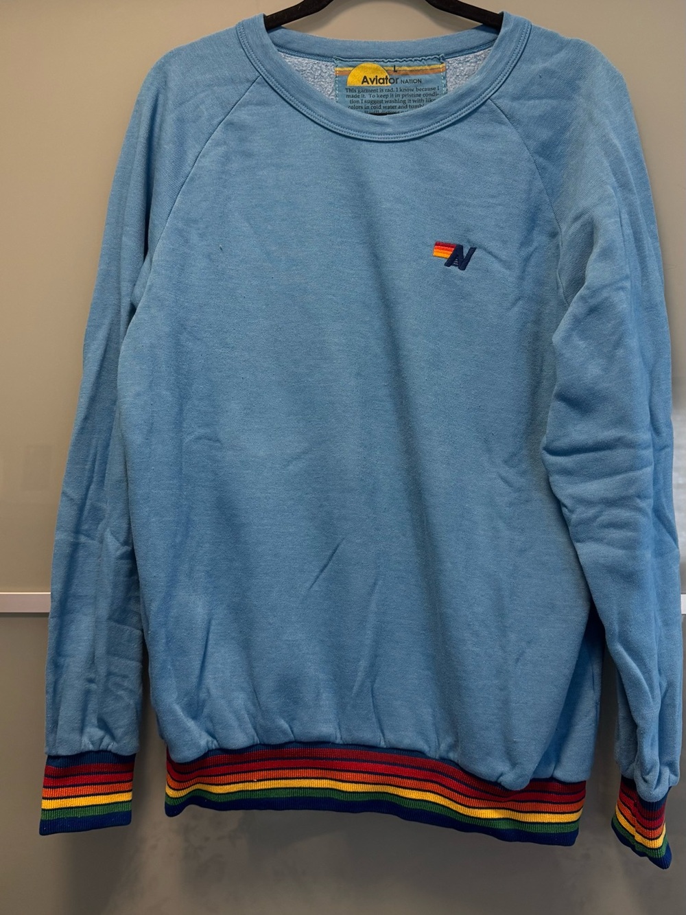 Aviator Nation Light Blue Crewneck Sweatshirt with Rainbow Trim